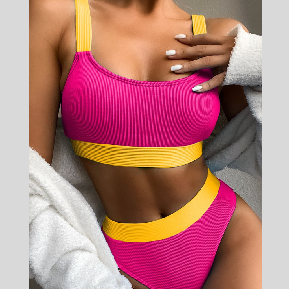 Color Block Scoop Neck Bikini Set