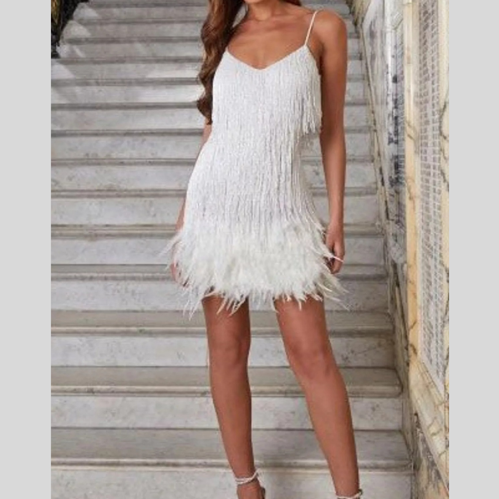 Full Size Feather Fringe Sequin Mini Dress Plus Size