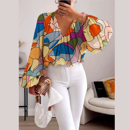 Printed V-Neck Long Sleeve Blouse