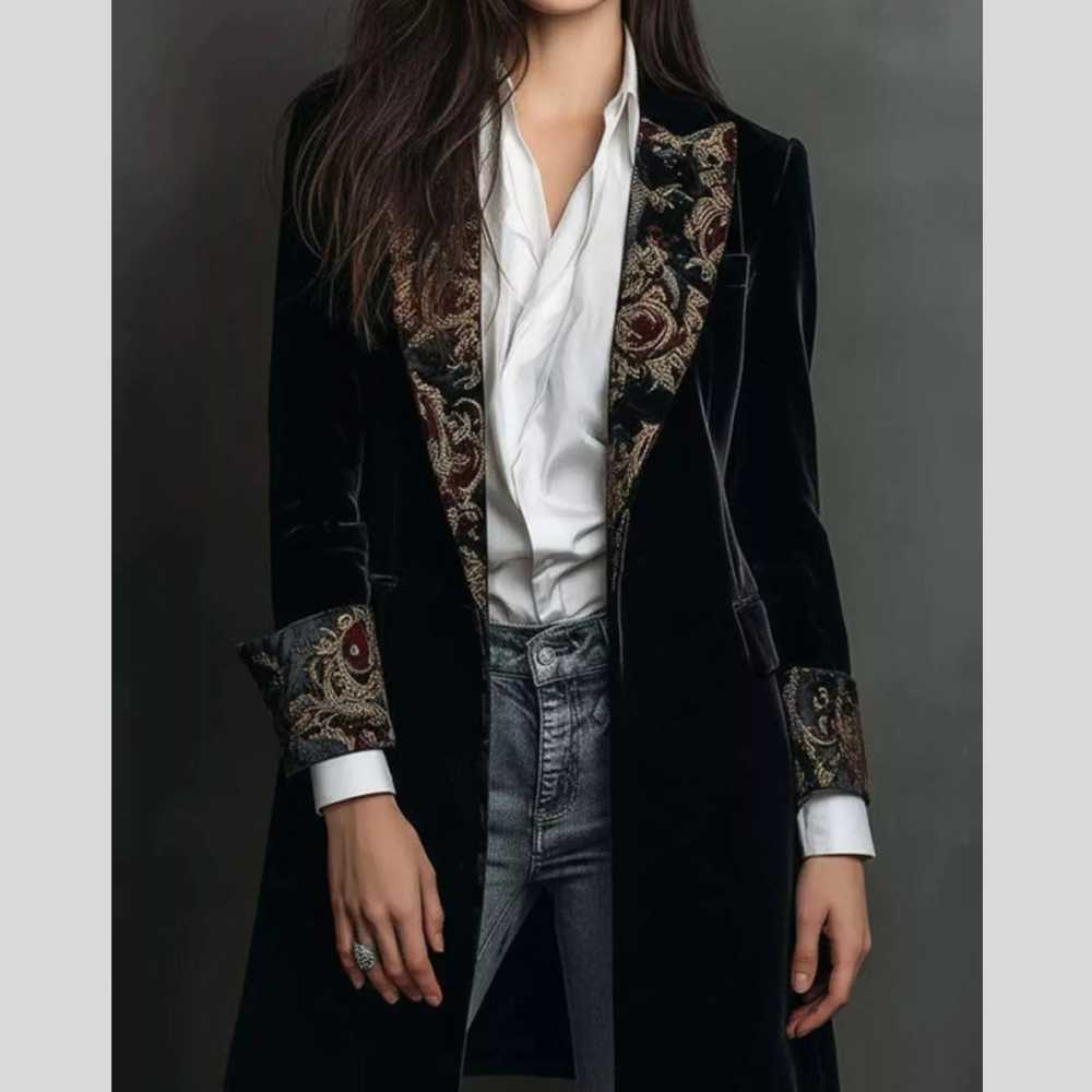 Floral Lapels and Cuffs Velvet Blazer
