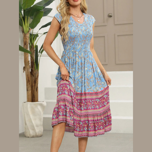 Printed Round Neck Cap Sleeve Dress