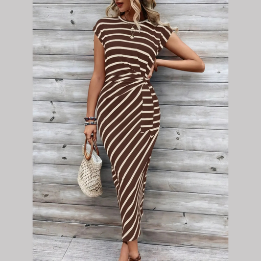 Striped Round Neck Cap Sleeve Midi Dress