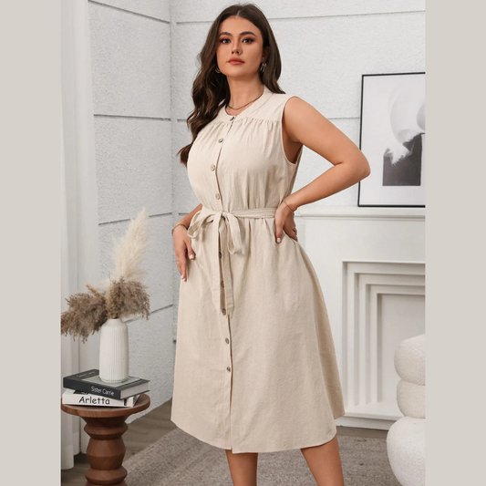 Plus Size Button Front Tie Waist Sleeveless Dress