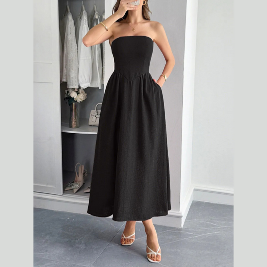 Strapless A-Line Midi Dress with Pockets