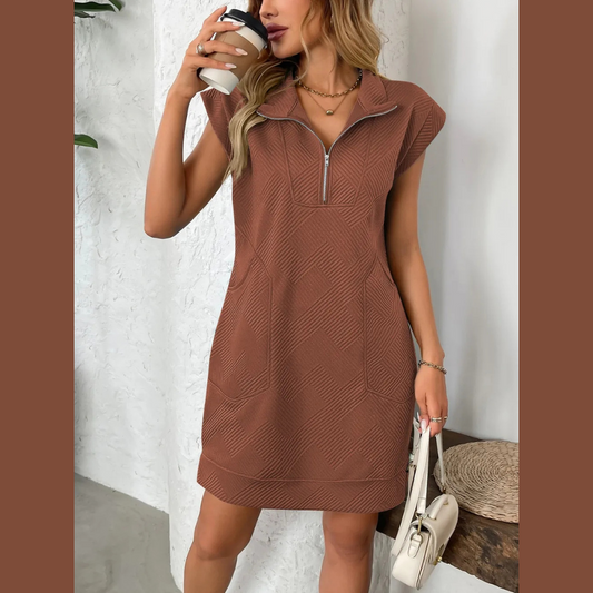Texture Half Zip Cap Sleeve Mini Dress