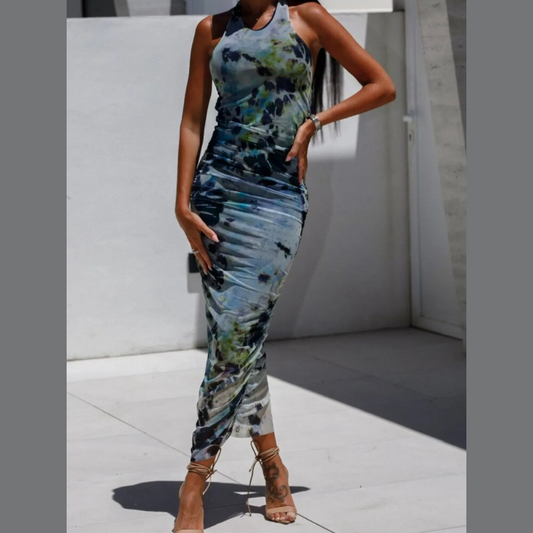 Backless Printed Halter Neck Dress