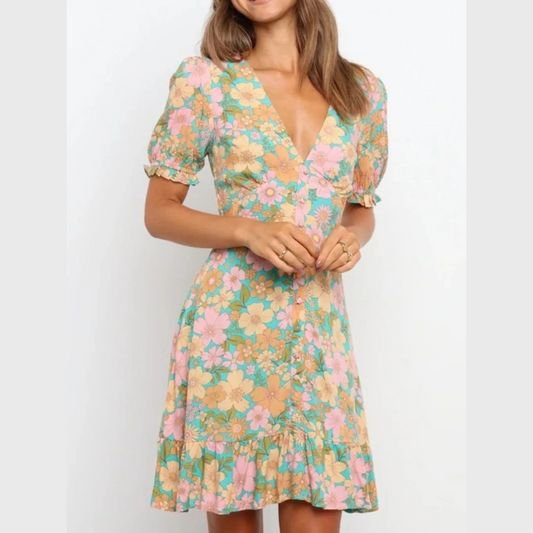Ruffled Hem Printed Short Sleeve Mini Dress