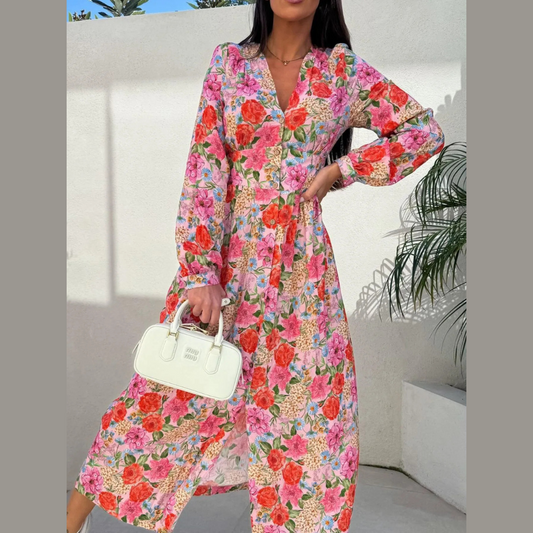 Floral Print Long Sleeve V-Neck Dress