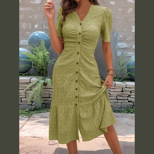 Eyelet Button Front V-Neck Midi Dress
