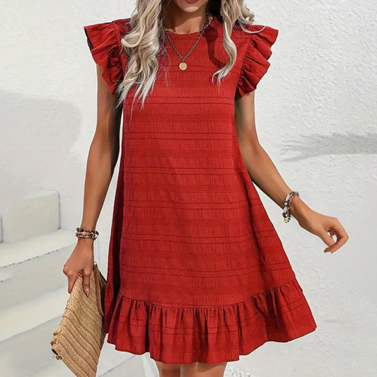 Womens Plus Size Round Neck Solid Dress Falbala Sleeveless Ruffled Summer Dress With Pleated Detail - Free USA Shipping