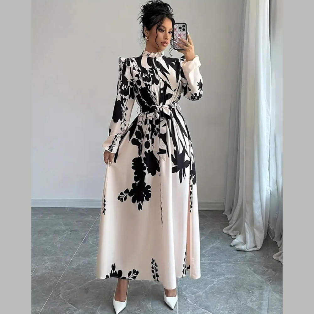 Women's Floral Print Long Sleeve Stand Collar A-Line Maxi Dress -  Free USA Shipping