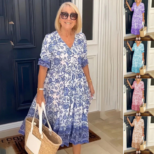 Women's Plus Size V-Neck Floral Print Dress - Loose Fit Casual Spring Summer Dress - Free USA Shipping
