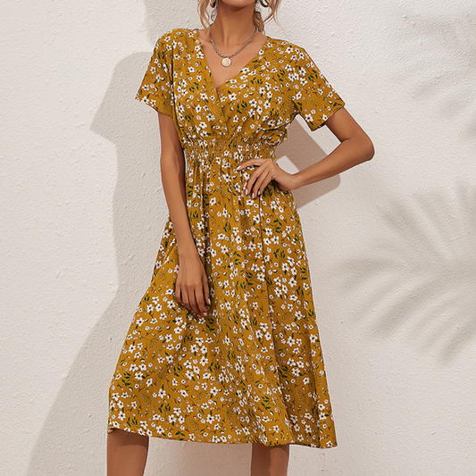 Women's V-Neck Floral Print Dress - A-Line Waisted Summer Maxi Dress - Free USA Shipping