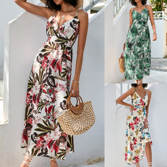 Women's Printed Waist-controlled Mid-length Sling Dress