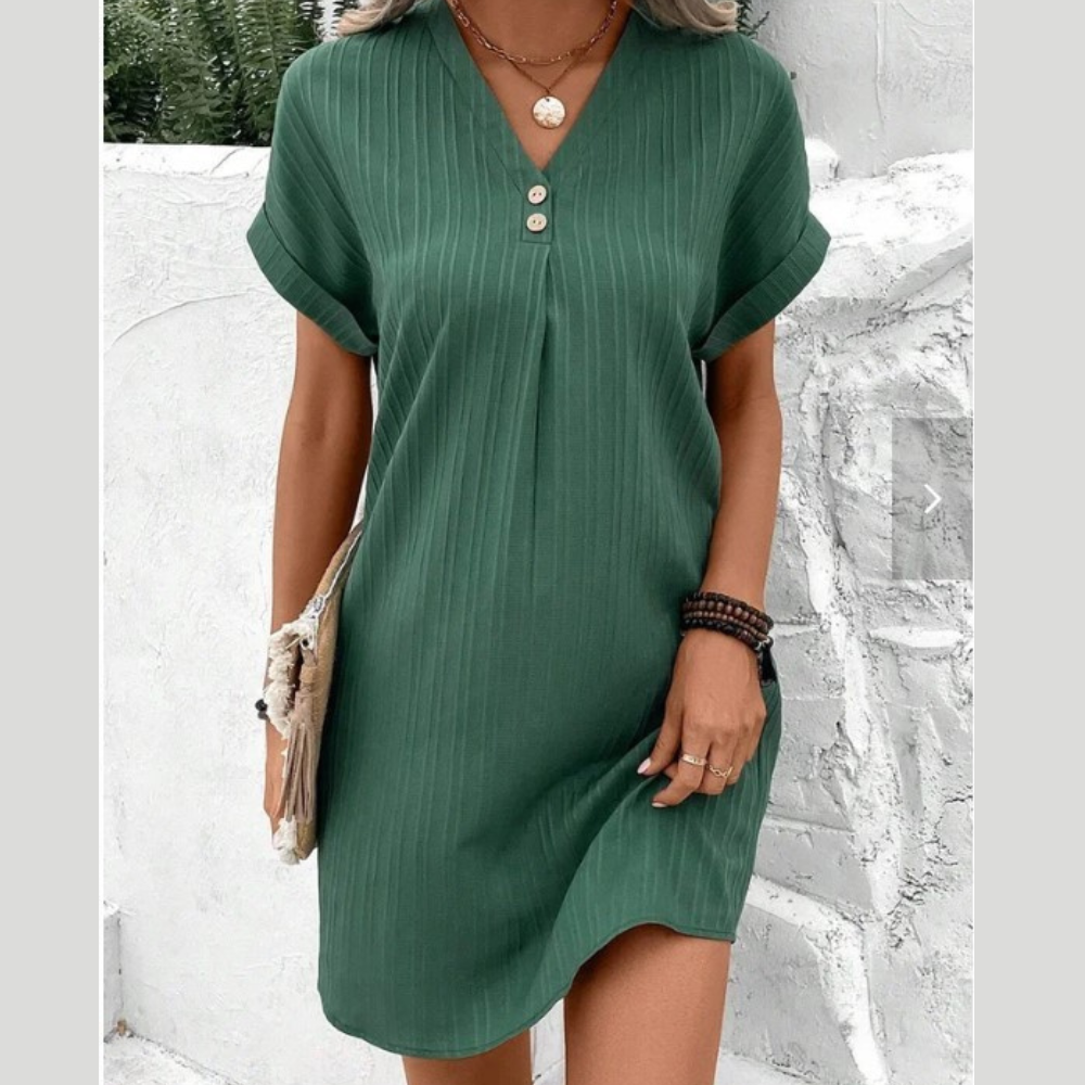 Fashion V-neck Short-sleeved Dress Casual Solid Strip Button Dresses Womens Clothing