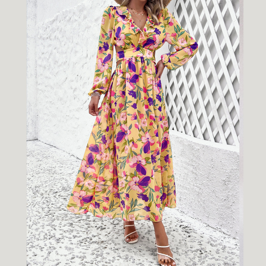 Fashion Florals Print Long Sleeve Dress Casual Holiday Tight-waisted V-neck Dresses Women Clothing
