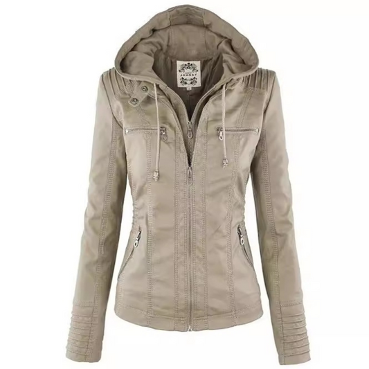 Women's Detachable Lapel Long Sleeve Solid Color Zipper Leather Jacket Coat