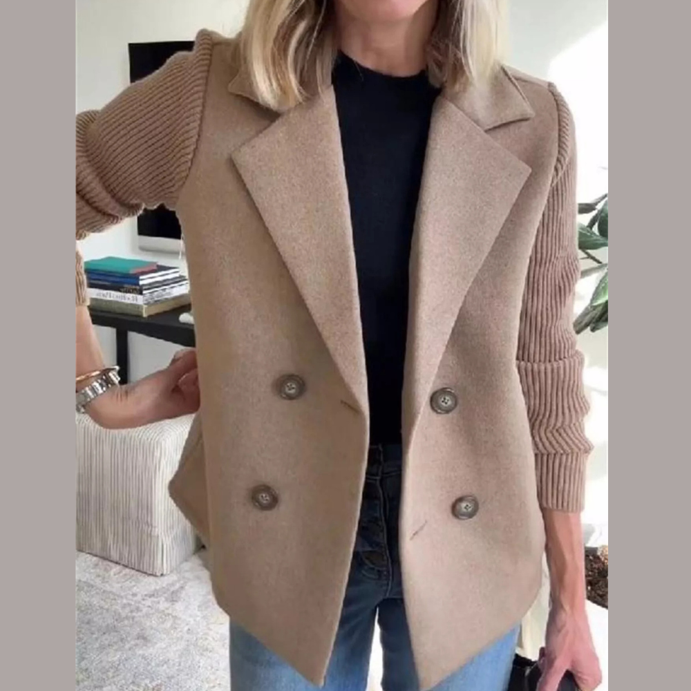Full Size Knitted Sleeve Wool Blend Double-Breasted Blazer Plus Size