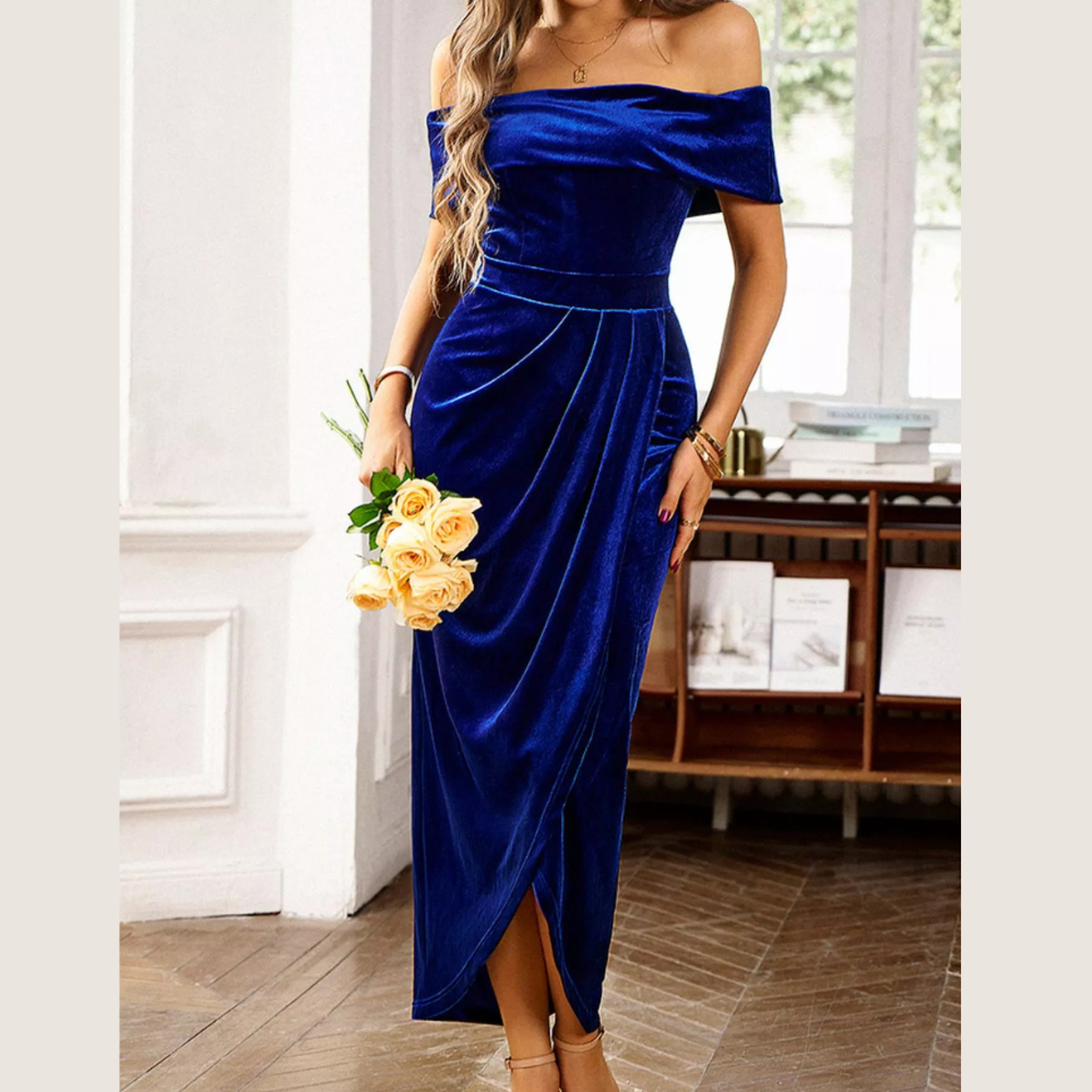 Velvet Off-Shoulder Ruched Midi Dress