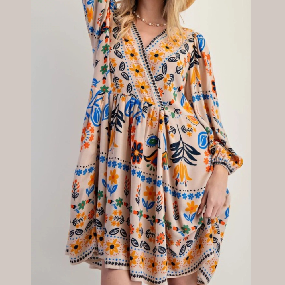 Bohemian Floral Print Long Sleeve Mini Dress