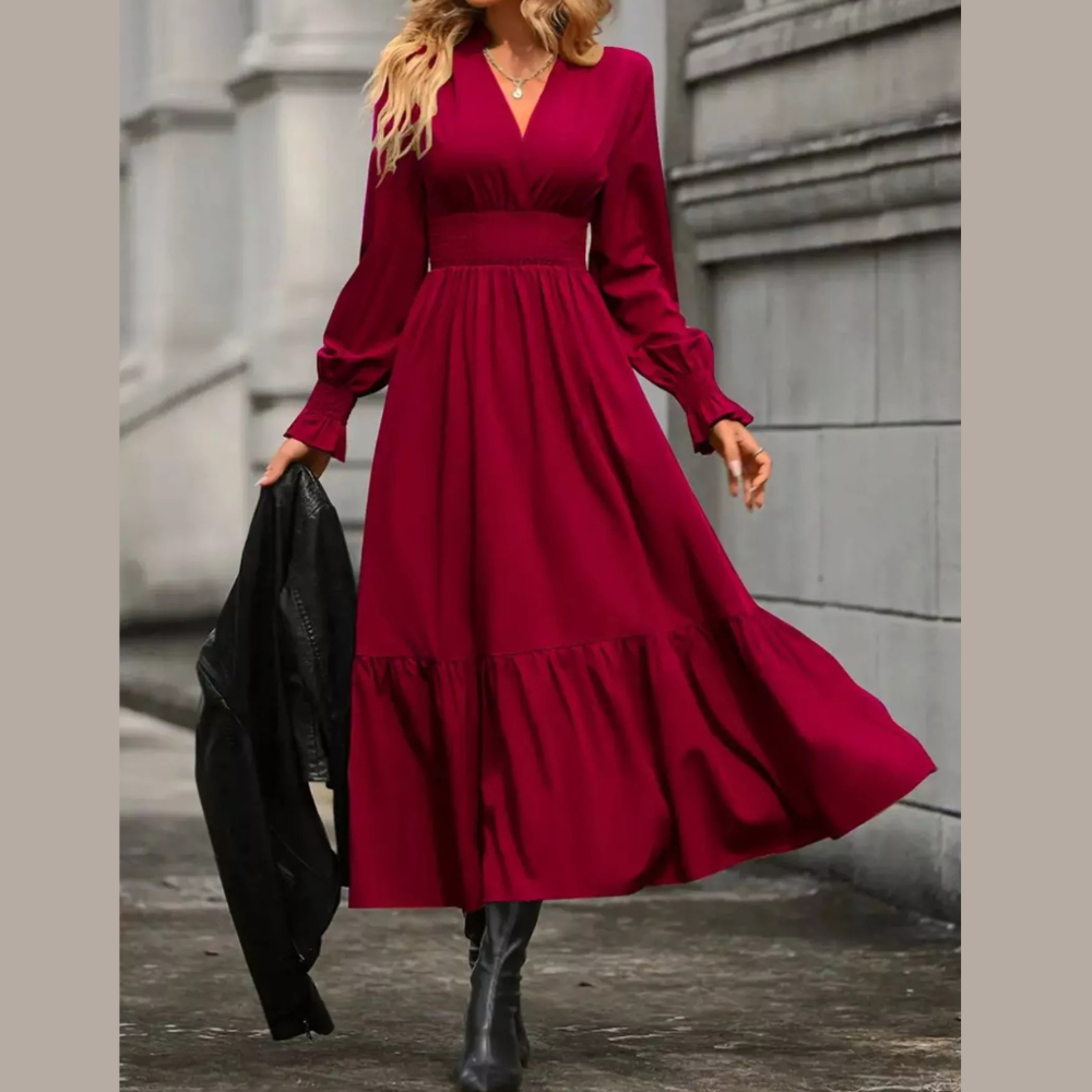 Surplice Long Sleeve Tiered Midi Dress