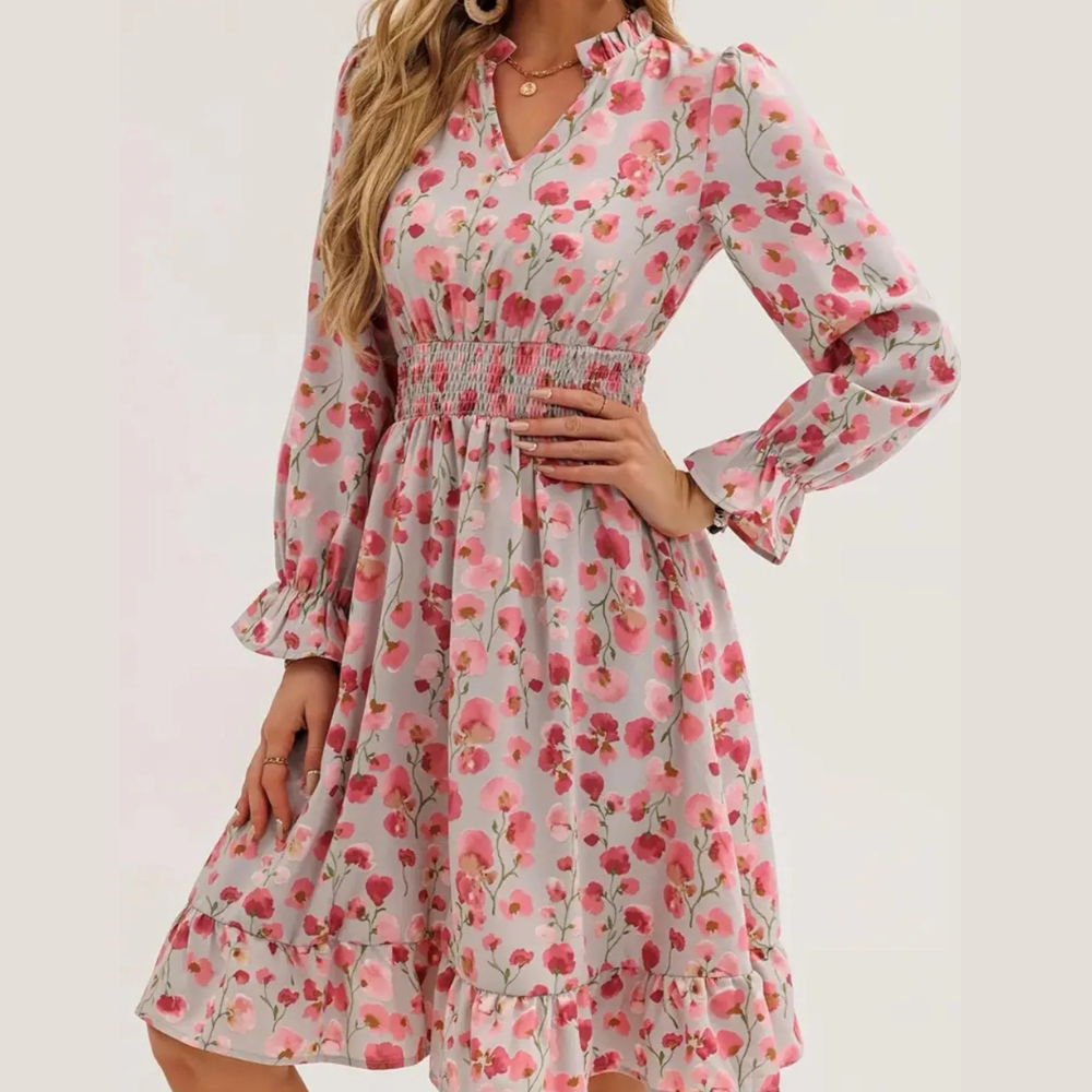 Floral Notched Flounce Sleeve Dress