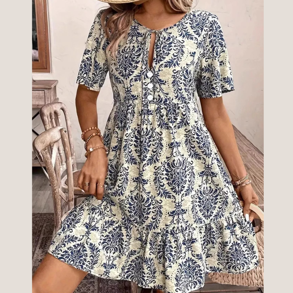 Printed Tie Neck Short Sleeve Mini Dress