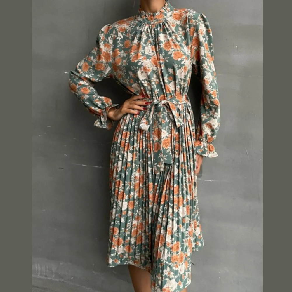 Floral Print Long Sleeve Pleated Midi Dress