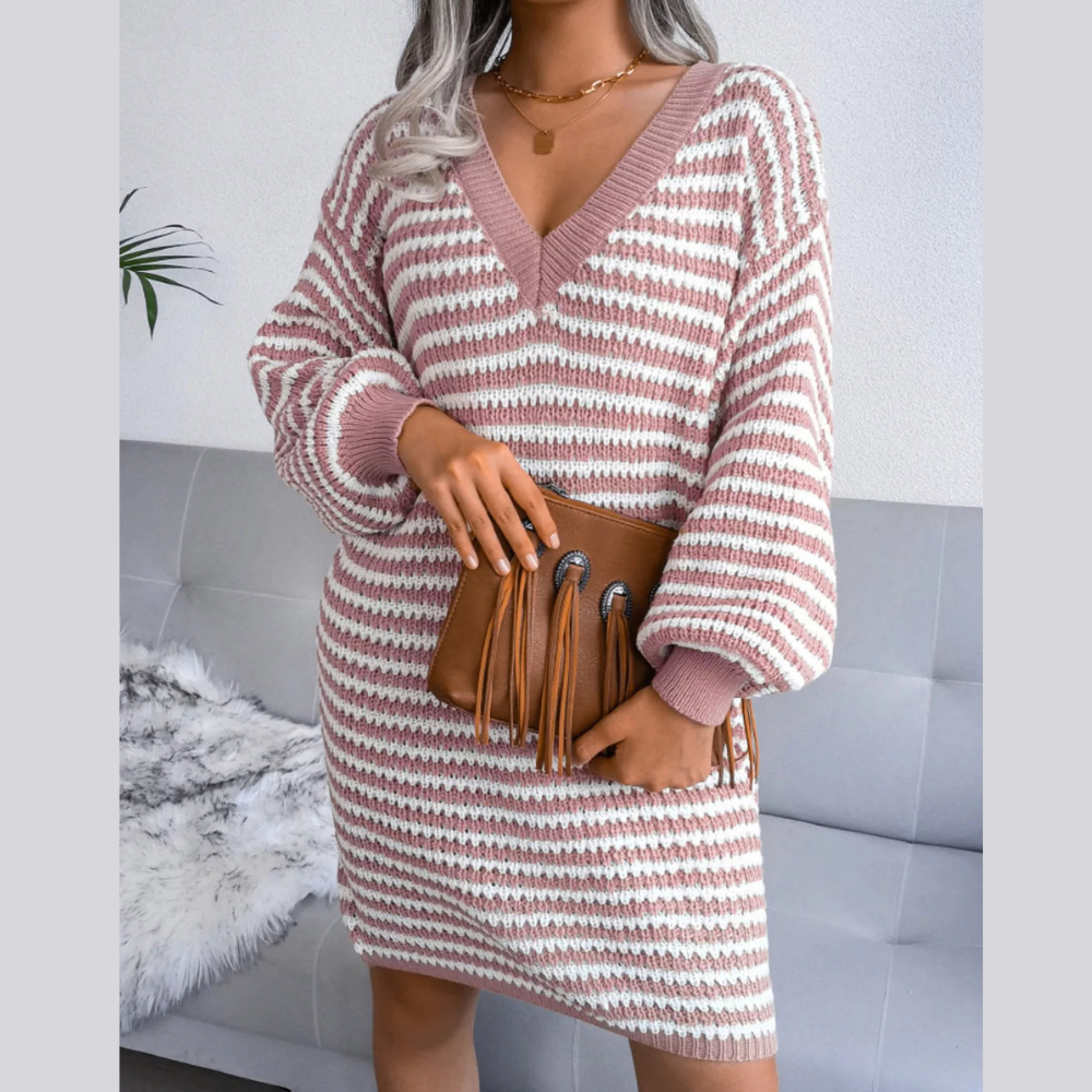 Striped V-Neck Long Sleeve Sweater Dress