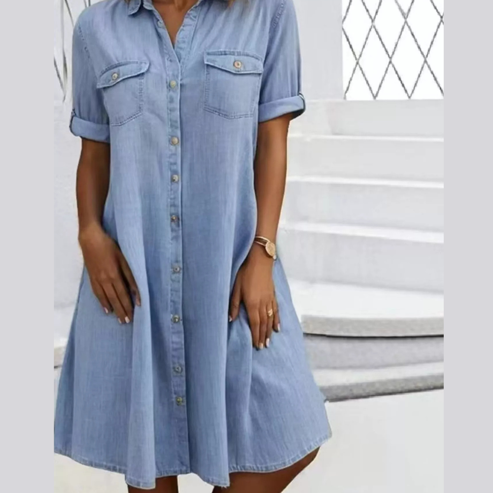 Full Size Button-Front Short Sleeve Denim Dress Plus Size