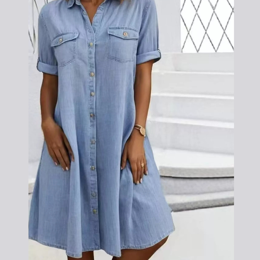 Full Size Button-Front Short Sleeve Denim Dress Plus Size