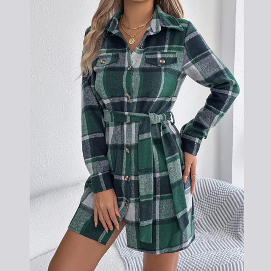 Plaid Button Front Tie Waist Shirt Dress