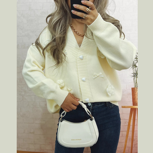 Flower Heart Button Long Sleeve Cardigan