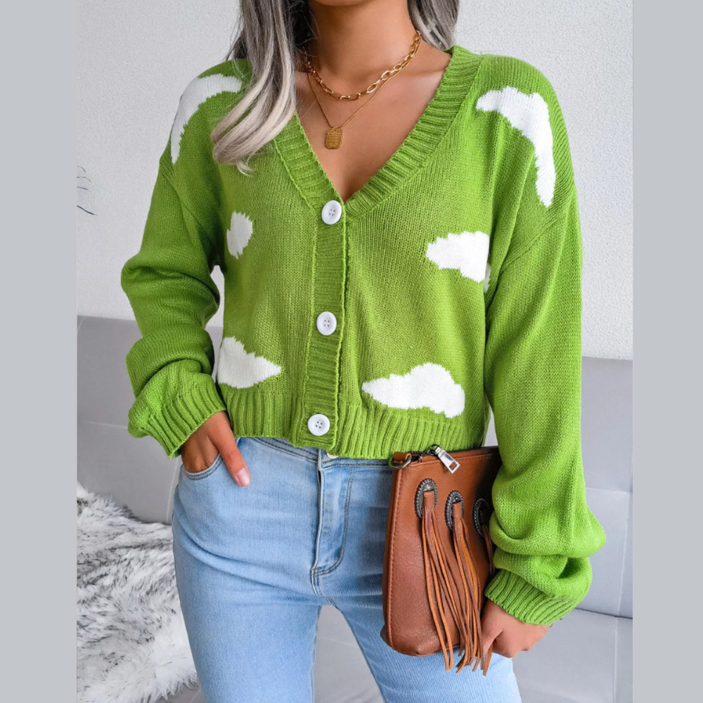 Cloud Pattern Button-Up Cropped Cardigan