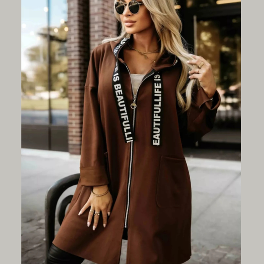 Full Size Casual Hooded Zip-Up Longline Outerwear Plus Size