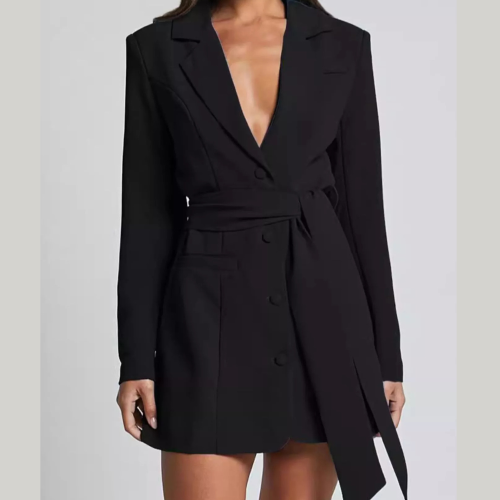 Lapel Collar Tie Waist Blazer