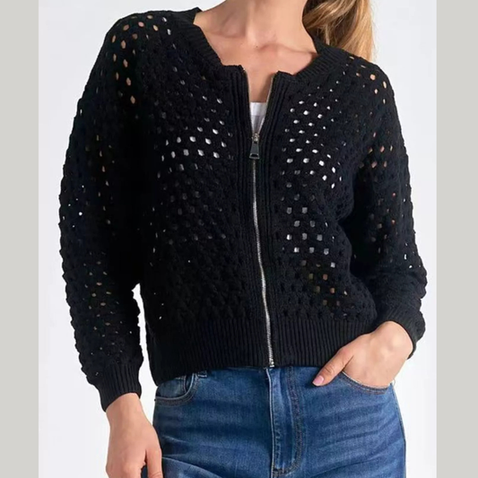 Full Size Zip Up Long Sleeve Cardigan with Eyelet Detail Plus Size