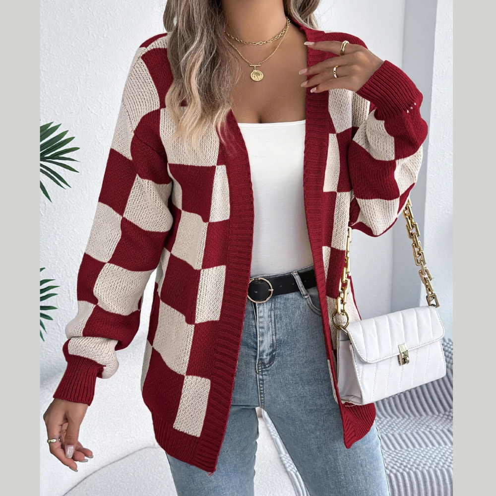 Checkered Pattern Open Front Cardigan