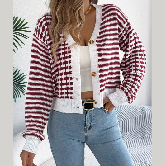 Striped Button-Up Cropped Cardigan