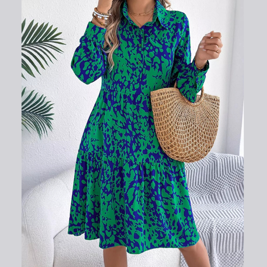 Printed Collared Neck Long Sleeve Dress