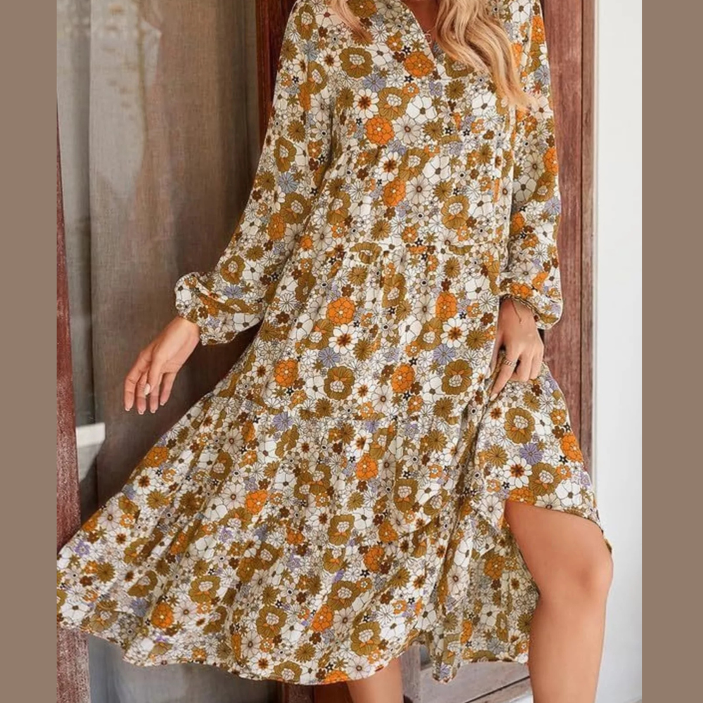 Floral Print Balloon Sleeve Midi Dress