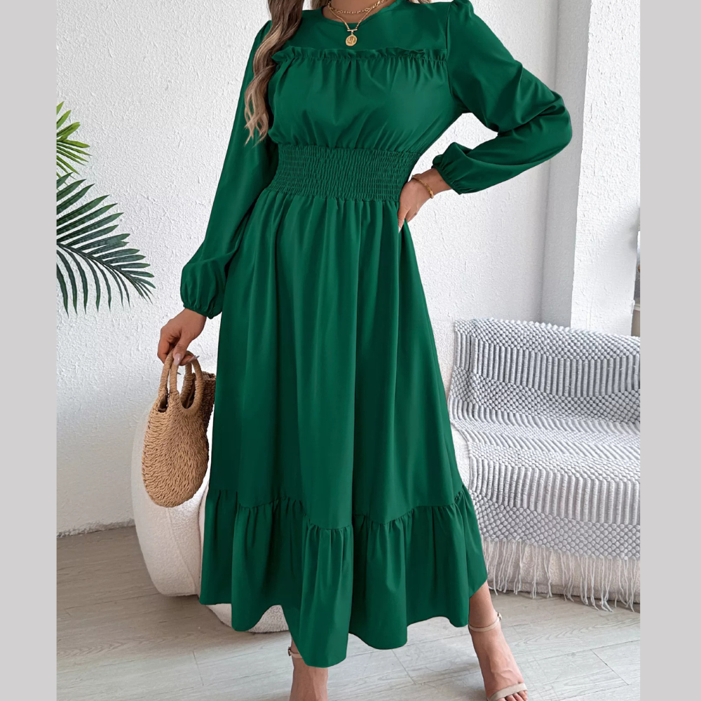 Round Neck Balloon Sleeve Tiered Dress