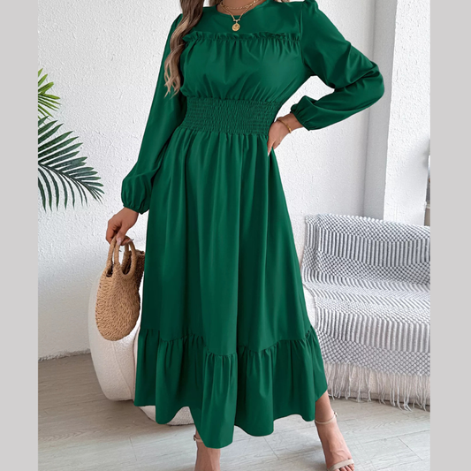 Round Neck Balloon Sleeve Tiered Dress