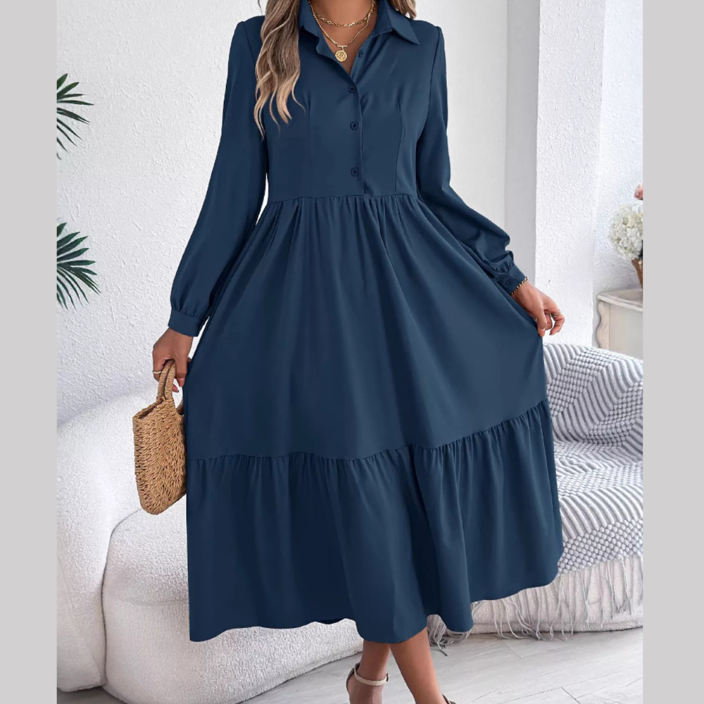Long Sleeve Tiered Button Front Midi Dress