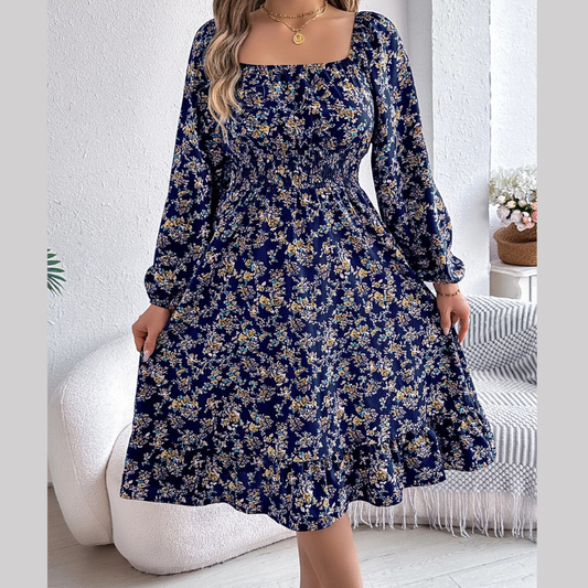 Floral Print Long Sleeve Square Neck Midi Dress