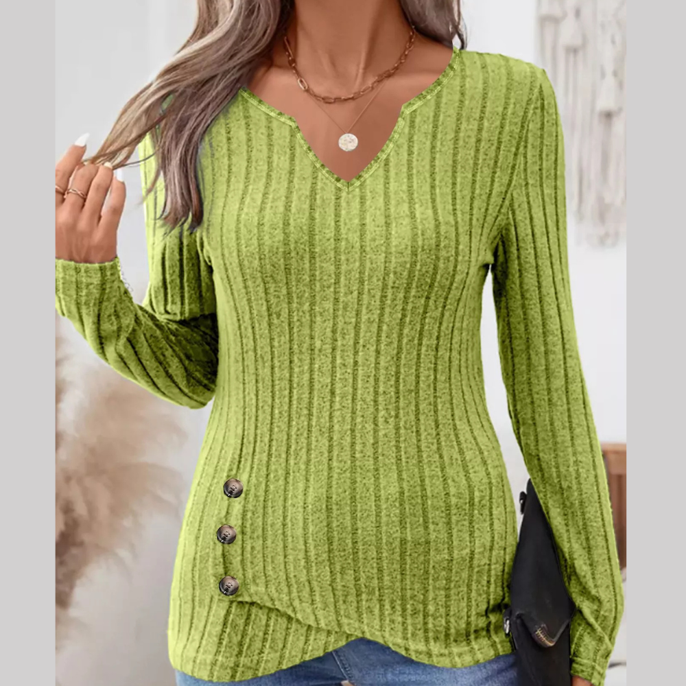Ribbed Knit Notched Long Sleeve Top