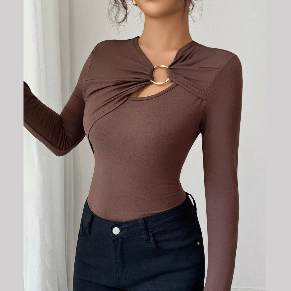 Twist Front Ring Detail Long Sleeve T-Shirt