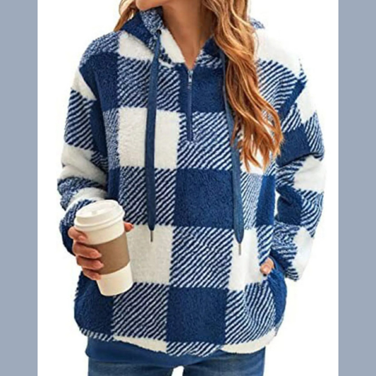Full Size Plaid Sherpa Drawstring Hoodie Plus Size