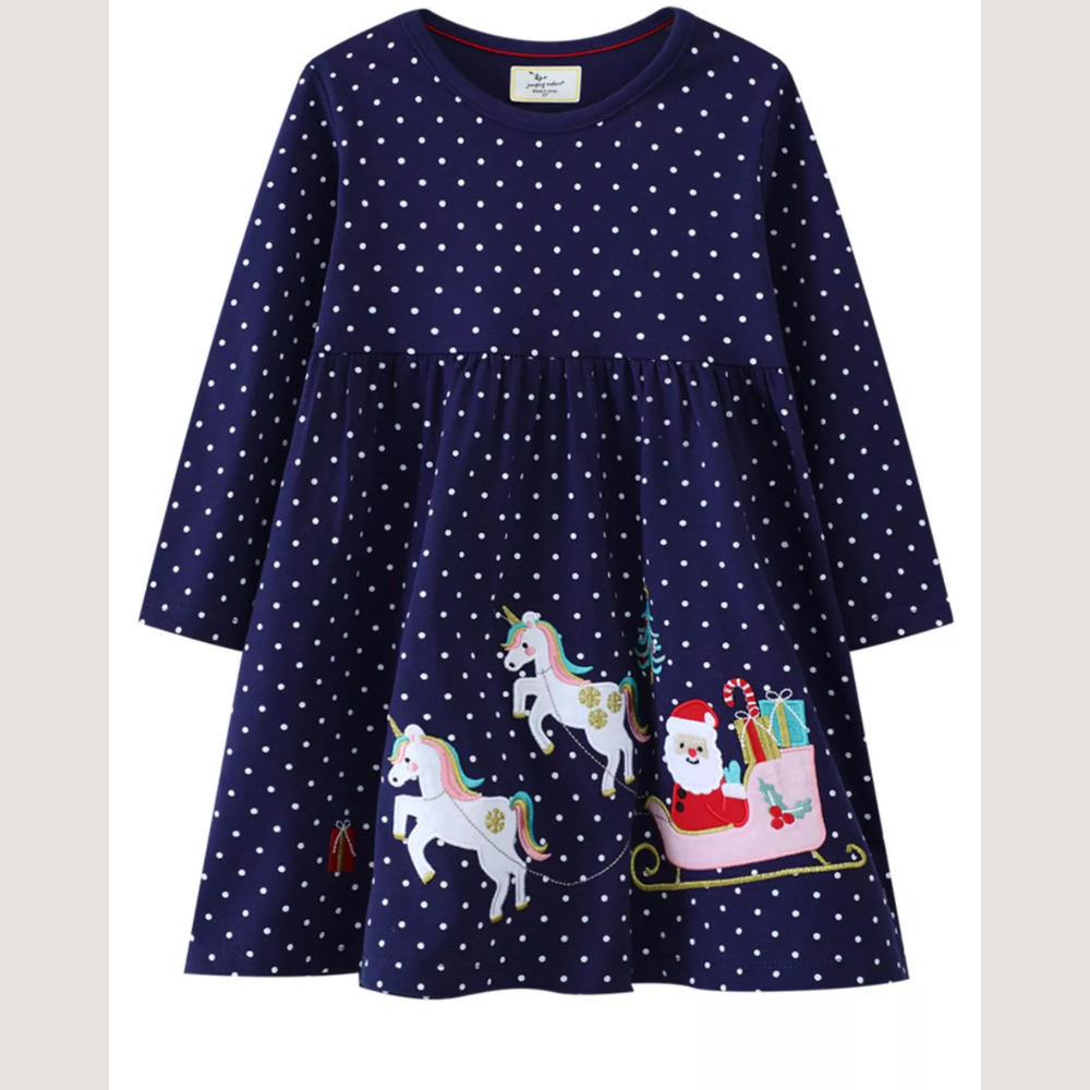 Children's Christmas Unicorn Embroidered Polka Dot Dress