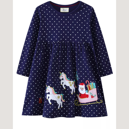 Children's Christmas Unicorn Embroidered Polka Dot Dress